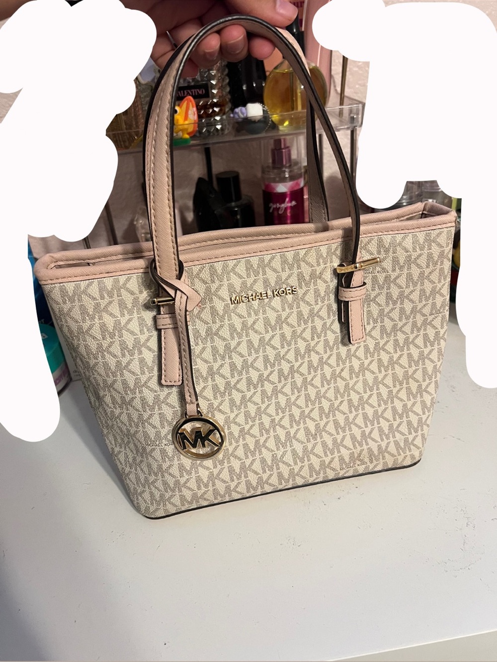 Michael Kors Signature Logo Tote in Beige with Blush Trim